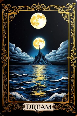 in center stunning deep colors and gold alcolhol ink tarot card (9:10 ratio) with 1 full moon and stunning fantasy sea with fairy island, moon reflection, inscription at the bottom, text:"DREAM", dark sky, strars, occult forces, sharp focus, beautiful ornamentic frames on card, detalied, fantasy, black background