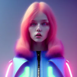 redhead woman teenager, padded coat, retro futuristic, latex dress, gradient color, BLUE, PINK, CYAN, neon, insanely detailed, 16k resolution, perfect eyes, cinematic smooth, intricate detail