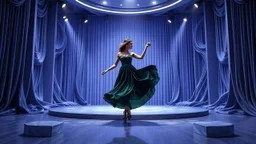 modern stage with gray-blue theme artistic decoration , color full dynamic lighting, a beautiful lady in modern maxy dark dark green dress with shining silver jwells dancing, 3D recursive fractal structure animating background