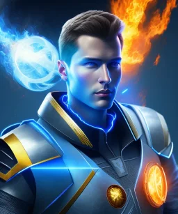 A portrait male character with blue flames surrounding him