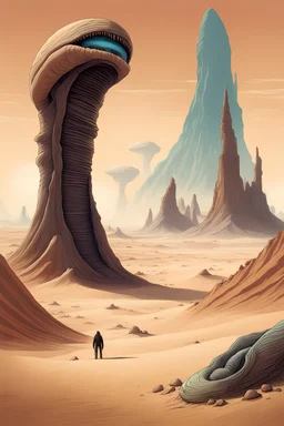 Scifi desert landscape with towering rock formations, and vast, empty plains, with a giant sandworm monster emerging from a pile of sand, illustrated in otherworldly styles using distorted perspectives, unusual colors, and dreamlike , and an alien and surreal environment, foreboding atmosphere , gothic undertones, blending traditional and futuristic elements, 70s retro science fiction art, Dune artwork, in the style of Frank Herbert, surreal, highly detailed, concept art, Joseph Cross