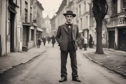 cute poland man in full haight 1920-1930 on streen in warshaw. Retro style photo full height. Without people