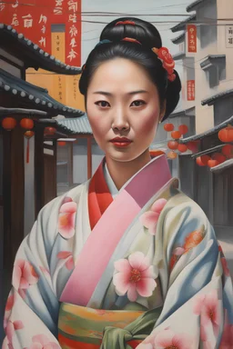 ultra detailed urban modern portrait painting of a Korean woman in traditional kimono including a korean pocha street in background