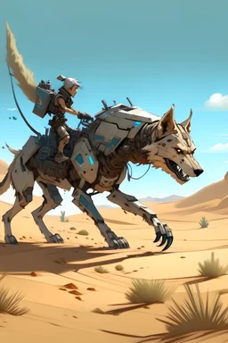un lobo mitad robot,en un desierto,atacando a un humano,mitad robot,con batalla de fondo