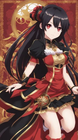 Tokisaki Kurumi appears to be elegant and has very polite manners, ivory skin and long, evil smile, crazy smile, black hair usually tied in long twin tails, deferent Eyes colors, right eye is red-tinted color, left eye appears as a golden color, inorganic clock face, a girl with astonishing beauty, wearing her astral black and red dress 'Elohim', left golden eye, in dreamshaper finetuned model with dynamic art style witg