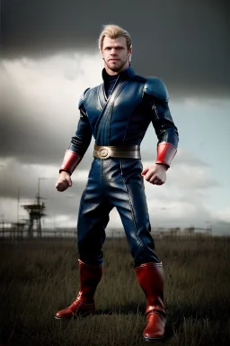 retro portrait image from 1960, sky background, wind, extra long blonde hair, fighting stance, young Chris Hemsworth, clean shave face, black dress, classic long tight lycra black suit, red cap, platinum lycra with scales on the arms, gold bracelet and belt, high boots, soft color, highly detailed, unreal engine 5, ray tracing, RTX, lumen lighting, ultra detail, volumetric lighting, 3d, finely drawn, high definition, high resolution.