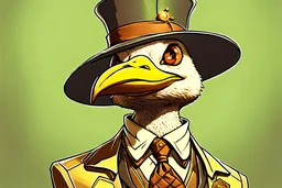 there is a bird wearing a hat and a coat with a tie, lofi steampunk bioshock portrait, anthro portrait, heron prestorn, dungeons and dragons style, inspired by Moebius, beautiful 3 d rendering, laughing groom, human-animal hybrid, jake parker