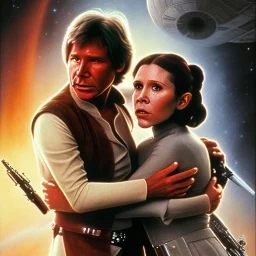 old carrie fisher embracing harrison ford in star wars, waist up portrait, photorealistic faces, intricate, oil on canvas, masterpiece, expert, insanely detailed, 4k resolution, cinematic smooth, intricate detail , soft smooth lighting, soft pastel colors,