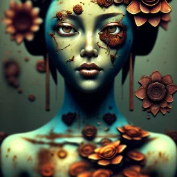 an abstract painting of rusted metal and flowers, Geisha portrait, rust, scaffolding, iron cladding, decay, mixed media, textured, anatomically correct, beautiful perfect face, sharp focus, highly detailed