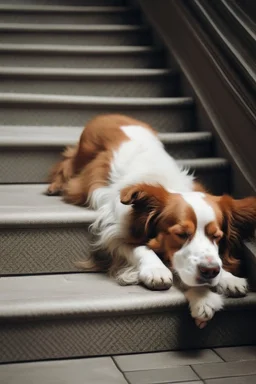 cane che dorme sdraiato vicino a dei gradini