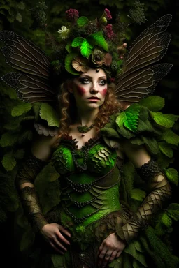 Forest fairy with textured leaves and floral armour