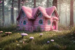 a cute pink and blue fairy house in the forest, spring time, mushrooms, 8k, flickering light, centered, high-quality, fine-detail, digital art, detailed matte, volumetric lighting, illustration, 3D octane render