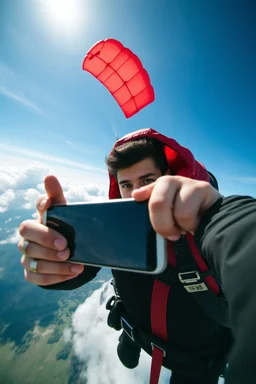 Smartphone closest to the camera The person’s face clearly visible immediately behind the phone Person remains the unmistakable main subject Right index finger pointing directly toward the camera Fully deployed bright red parachute completely visible above the person Dramatic forced perspective Strong sense of height, speed and depth Clean blue sky and dramatic cloudscape Natural cinematic composition No unnecessary objects Use an ultra-wide 16mm action-camera perspective, dramatic depth, reali