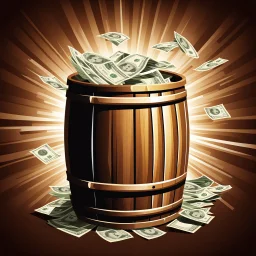 a wooden barrel : 1.5 ) money goes in from above and money comes out from below, ultra quality, vector graphics