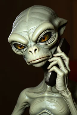 lifelike grey alien angrily talking on the phone