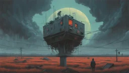 Strange surreal world, science fiction painting, Simon Stålenhag, Denis Sarazhin, ominous sky, Alex Colville, Alejandro Burdisio, Romain Trystram, RAW, gritty atmospheres, sinister surrealism, dark pop surrealism, neon techno-gothic punk, analog horror CRT, scan lines