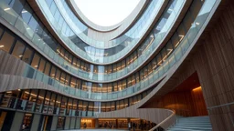 A modern library built with a parametric design, where the building undulates in a sinusoidal wave pattern. The façade is composed of layers of frosted glass and wood, echoing the smooth flow of a mathematical wave. The rhythmic rise and fall of the building’s structure creates a calming, harmonious environment for learning and reflection. Award-winning photograph.