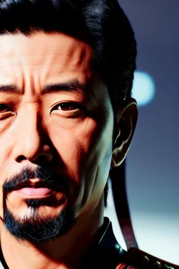 Samurai, portrait from waist up, intricate eyeliner, vibrant eyeshadow, clear completion, soft lighting, 4k resolution, intricate details, insanely detailed, colorful cityscape background, masterpiece, expert, cinematic smooth, retroanime style, realistic details