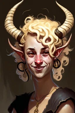 A young tiefling woman with a set of ram horns and a set of twisted gazelle horns on her head. Blonde, short curly hair, black eyes with no pupils, she is happy