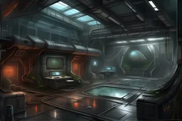 Concept art of a planet research facility interior with a horror vibe.