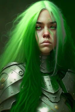 A portrait of a young girl with an heavy armor, long green hair