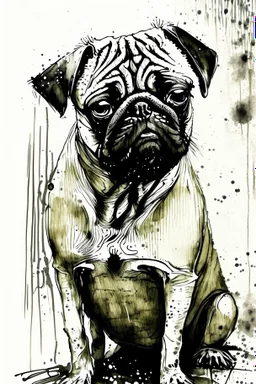 Abstract wet watercolourof a pug,ink lines, Bernard buffet