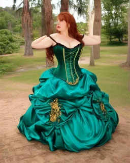 Busty princess with long auburn hair green eyes wearing a big dark teal green and gold satin ballgown corset off shoulder top casting magic full body, head and face