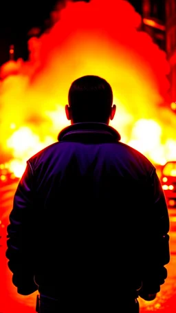 Man in a black bomber jacket, back to the camera, looking down a street, watching an explosion of fire and lights in front of him.