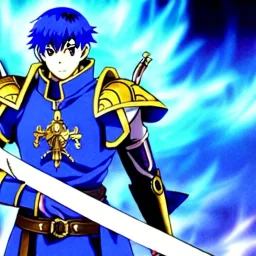 fire emblem, anime, screenshot, ova, 90s anime, marth, boy, blue hair, prince, sword, fantasy setting, fire emblem marth, fullbody, with background