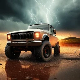 hyperrealistic shot, off-road truck, earth color palette, sharp focus, puddle reflection, tire water splash, refraction, rain and lightning on the horizon, shadowcast, detailed and intricate, cinematic composition, micro, tilt shift photography