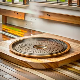 a circular heavy plate with circle holes on it drops from distance big pot of water on a table and bouncing and splashes of water
