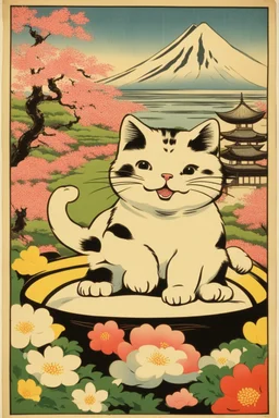 japan old poster with happy cat