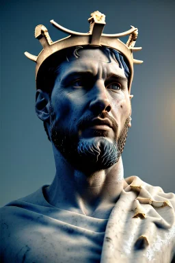 Ultra Realistic image, Roman sculpture, white marble material, Lionel Messi, gold crown of natural thorns, god crown, Renaissance style, sun rays background, waist up portrait, epic, celestial, cinematic lighting, God lights, 4k resolution, smooth details, soft lighting, unreal engine 5, art station, substance 3d.