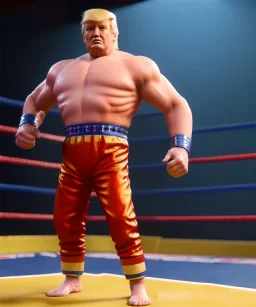 Donald trump wrestling fighter, naked torso, red breeches, retro style, 80s, hot ambient, photo studio, red, gold, vibrant color, gradient, highly detailed, art stations, concept art, smooth, unreal engine 5, god rays, ray tracing, RTX, lumen lighting, ultra detail, volumetric lighting, 3d, finely drawn, high definition, high resolution.