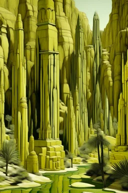 A pale greenish yellow canyon with batteries and high voltage grounds designed in ancient Egyptian architectures and sculptures painted by Henri Rousseau