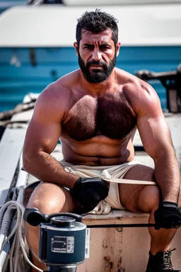 photography of An iranian offshore worker, shirtless, wearing bulging heavy-duty work pants and sturdy boots, sitting under the scorching sun on a merchant ship, man 50 years old, manly chest, muscular chubby , tattoo, curly beard, dirty, serious, long hair, ugly, big thighs, bullneck, big shoulders, photo realistic, photographic, super detailed, hyper realistic, UHD, frontal view , ambient occlusion