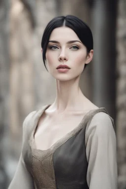 Scandinavian medieval woman with black short hair, pale skin, pretty lips, fit