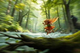 oil painting ,motion blur running caped long haired pixie Quickling - Forgotten Realms dodging tiny green dragonabove water and along winding branches in lush green forest along speeding horses , bokeh like f/0.8, tilt-shift lens 8k, high detail, smooth render, down-light, unreal engine, prize winning