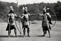 [very impressive high res masterpiece in Kodak Eastman 5247, scene by László Krasznahorkai] As Arjuna and Duryodhana stand shoulder to shoulder, facing the same wooden target in the archery contest, their skills as archers are undeniable. Both warriors possess remarkable talent and prowess with the bow, each capable of hitting their mark with precision and power. Arjuna's form is impeccable, his arrows flying true and striking the target with effortless grace. His mastery of archery shines brigh