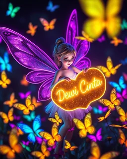 hyper realistic magical scene featuring a delicate beautiful fairy with glowing vibrant purple wings holding a glossy shiny vibrant golden sheild written find details "Dewi Cinta " in cursive font, Surround the fairy with numerous vibrant multi coloured neon butterflies fluttering, background dark enhancing the enchanting and whimsical atmosphere of neon garden, ultra HD sharp focus