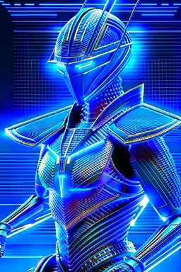 neon blue, flying parts of armor in form of triangles, cyber armor, geometric patterns on armor, male, orbiting triangle