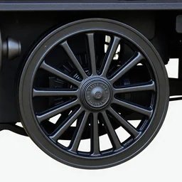 isolated image of a cast iron spoked steel wheel(black) from a steam train. vignette of just the wheel, photorealistic