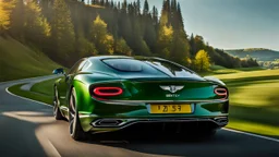 A sleek rear view of (((a cross of bentley and Hypercar))), on street, with hill and trees around, a beautiful clouds and sunny weather