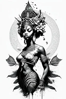 black and white illustration in a tattoo style of the oshun divinity for a stencil tattoo in a white background