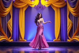 modern stage with gray-dark yellow blueish violet theme artistic decoration , color full dynamic lighting, a beautiful lady in maxi dress with shining silver jewels ,curvy long hair,dancing, 3D recursive fractal structure animating background