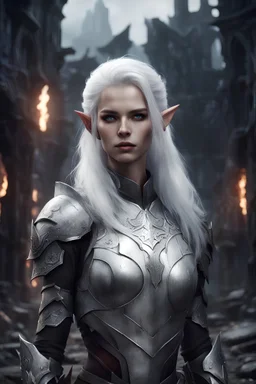 elf woman with white hair wearing armour, beautiful woman, 4k, high quality, art style, standing in dark ruined city