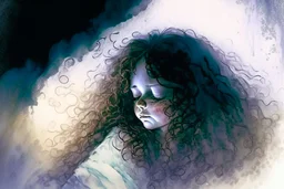 Small girl with long curly brown hair sleeping in god's hand (a big, clear hand) watercolor and ink, backlit, mist and fog