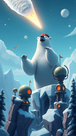 captain polar bear comet above frozen artic jungle with weird alien towers gets torn apart under him, in the style of Pixar, expertly crafted in a whimsical and vibrant cartoon style. is masterfully rendered in a lifelike 3D design, which captivates viewers with there irresistible charm.