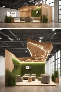 Corner exhibition stand in eco-style, with wood elements and greenery, with meeting areas