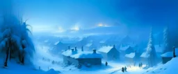 A blue village covered in snow blizzard painted by Ivan Aivazovsky